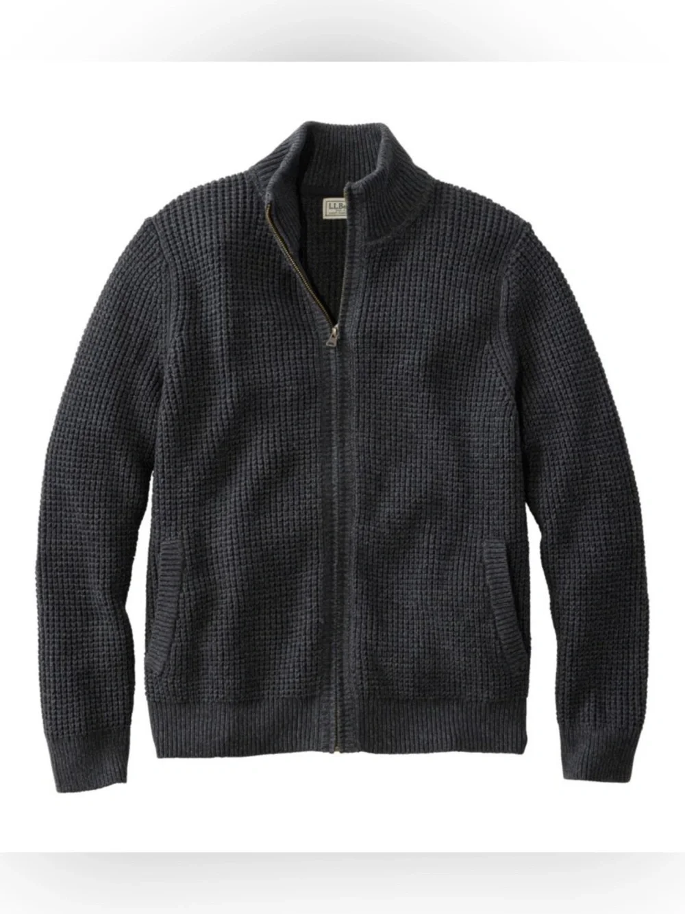 L.L. Bean organic cotton waffle knit full zip sweater small gray black heavy